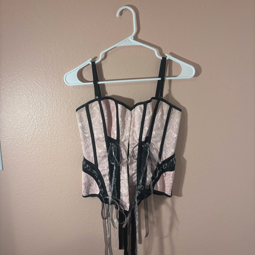 Pink flower black and grey lace detail corset